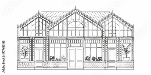 Detailed line drawing of a victorian era glasshouse or conservatory