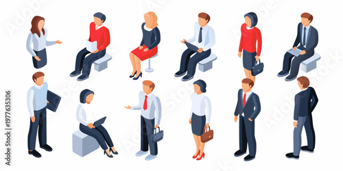 Isometric illustration of diverse people in a waiting or meeting scenario