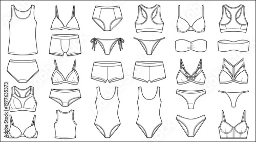 Women lingerie and underwear technical drawing collection, bras panties bodysuits and tops, detailed fashion garment set, clean vector illustration isolated