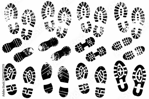 Collection of various black footprints and shoe sole impressions