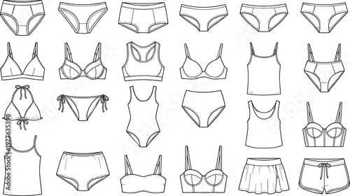 Women underwear and lingerie collection technical sketches, bras panties swimsuits and tops, detailed fashion garment set, clean vector illustration isolated