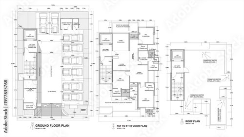 Residential ground floor to 8th floor and roof plan layout, architectural building design, multi-storey housing arrangement – clean CAD-style vector illustration isolated on white background. EPS 10.