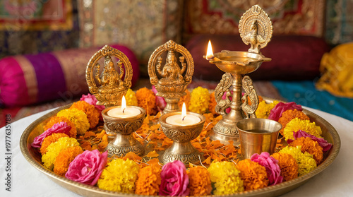 Beautifully decorated Pooja Thali for diwali worship celebration, having Indian sweets, lamp, flower. ai generative