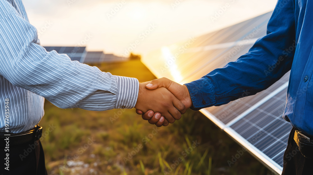 Fototapeta premium Two business partners shaking hands, finalizing agreement on renewable energy business, with solar panels under warm sunset