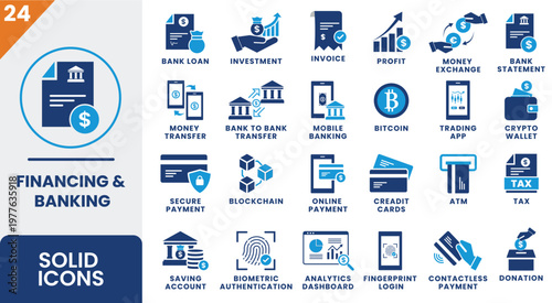 Financing and Banking Solid Icon Set - Blue Vector Glyph Icons for Fintech, Online Payment, Cryptocurrency, and Mobile Banking Applications