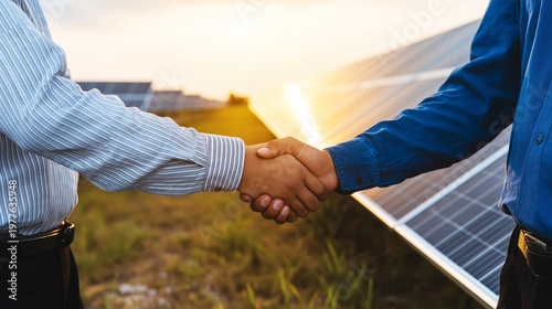 Two business partners shaking hands, finalizing agreement on renewable energy business, with solar panels under warm sunset