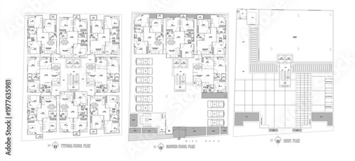 Typical floor, ground floor and roof plan layout, residential architectural design, detailed building arrangement – clean CAD-style vector illustration isolated on white background. EPS 10.