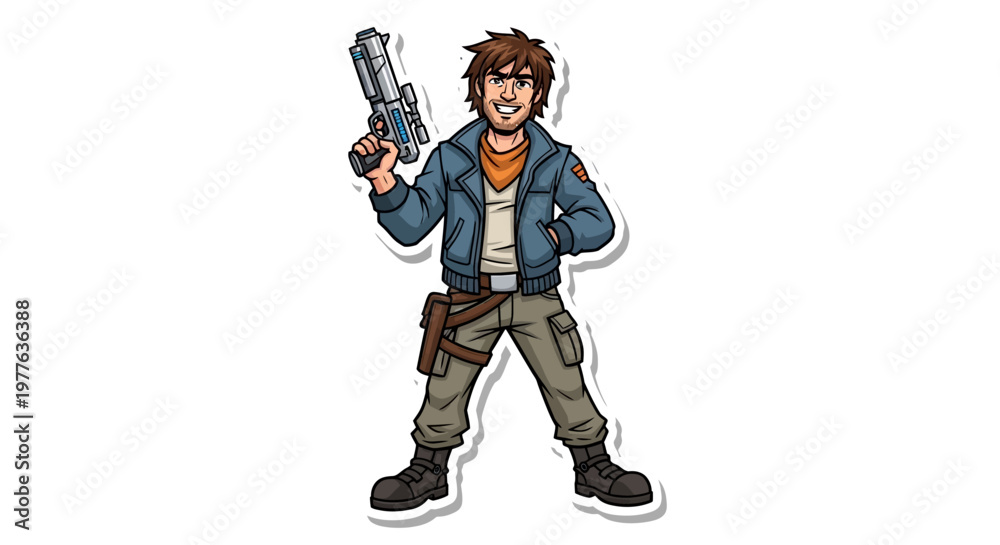 Εκτύπωση καμβά Cartoon space adventurer with blaster gun, standing pose, isolated on white background