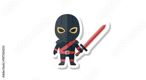 Cute Ninja Warrior with Red Sword, Cartoon Character, Sticker Style