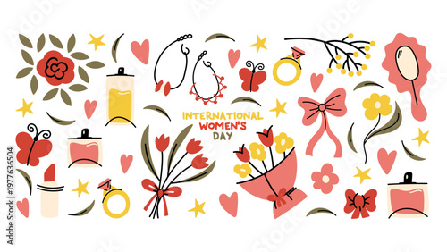 Cartoon feminist sticker set for International Women’s Day with spring flowers, bouquets, perfume, lipstick, and jewelry. Bright vector style. Perfect for planners, social media.