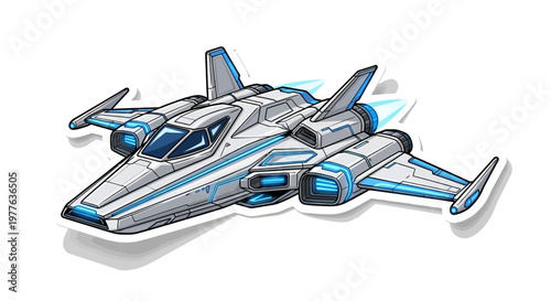 Futuristic Spaceship, Sci-Fi Fighter Jet, Spacecraft with Blue Lights, Vector Illustration