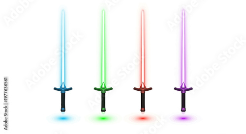 Four glowing futuristic energy swords in vibrant colors: blue, green, red, and purple.