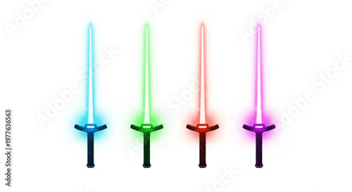 Four glowing futuristic swords in different colors: blue, green, red, and purple.