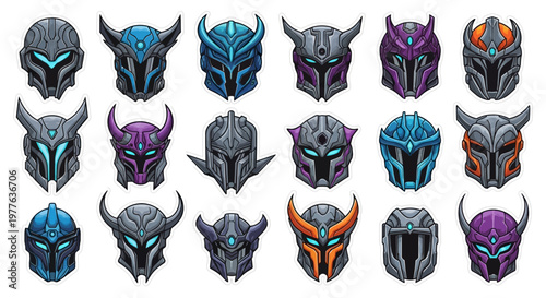 Futuristic Warrior Helmets Collection - Pixel Art Sci-Fi Armor Design
