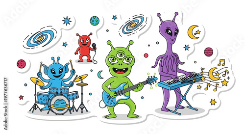 Funny Aliens Band Playing Music in Space, Cartoon Style