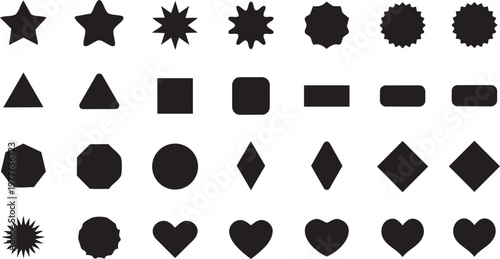 Geometric Silhouette Array: A diverse collection of minimalist black silhouette shapes, showcasing a range of geometric forms for design elements.