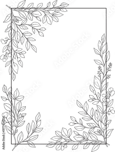 Elegant hand drawn botanical border illustration with delicate leafy branches adorning the corners of a rectangular frame perfect for elegant invitations greeting cards wedding