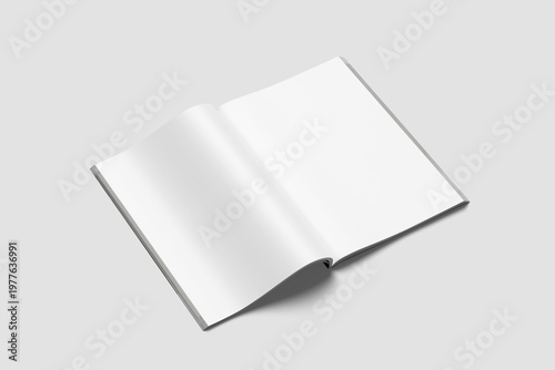 A4 magazine mockup top view, book or catalog on gray table. Blank page or notepad on solid background. Blank page or notepad for mockups or simulations.