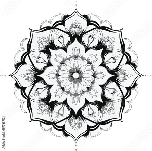 perfectly symmetrical floral mandala, clean vector, tribal mandala, smooth bezier curves, white background