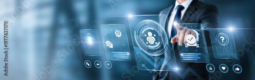 Businessman pointing at digital screen with customer satisfaction data and analytics interface. client feedback, service quality, user experience, business performance, CRM strategy