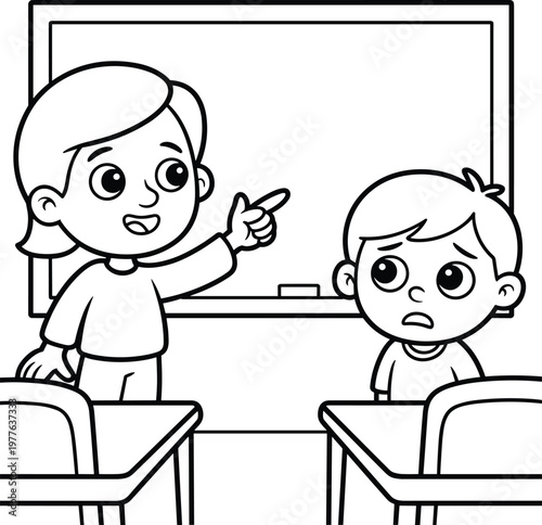 Kid being scolded by teacher cartoon school discipline scene outline