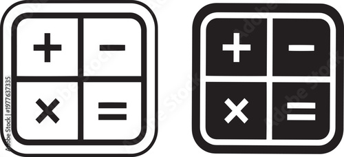 Two calculator icons in black and white are shown side by side on a plain background