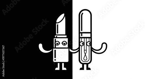 cartoon mascara and lipstick characters standing.
