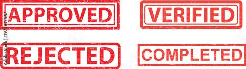 Red rubber stamp icons for approved verified rejected and completed status  isolated on transparent background
