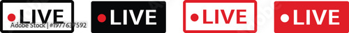 Live streaming icon set featuring rectangular buttons with recording dots for online broadcasting. Digital labels represent real time video content. Online stream vector illustration design.