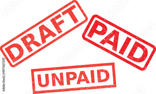 Red rubber stamps with draft paid and unpaid text on white background for business and finance concepts