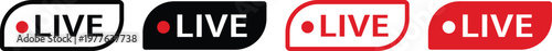 Live streaming icon set featuring buttons with recording dots for online broadcasting. Digital labels represent real time video content. Online stream vector illustration design.