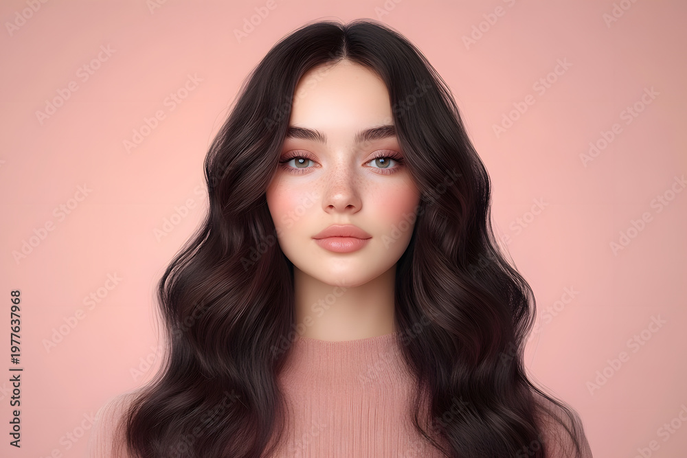Naklejka premium Long dark brown wavy hair portrait, Young caucasian woman beauty model, Soft voluminous hairstyle, Pink background, Natural makeup look, Elegant fashion headshot, Commercial beauty concept