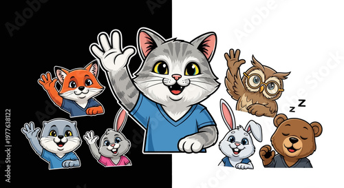 Cartoon animals waving and smiling together.