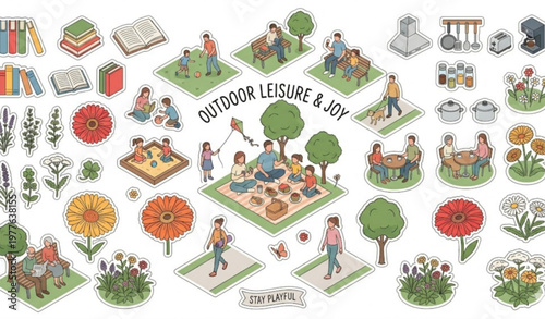 Isometric park activity sticker collection with people relaxing reading and picnic outdoor vector set