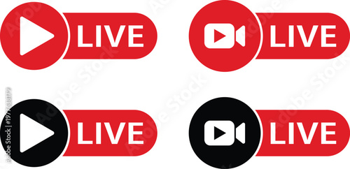 Live streaming icons featuring red and black buttons with video camera and play symbols for online broadcasting. Digital labels represent real time video content. Vector collection for social media.