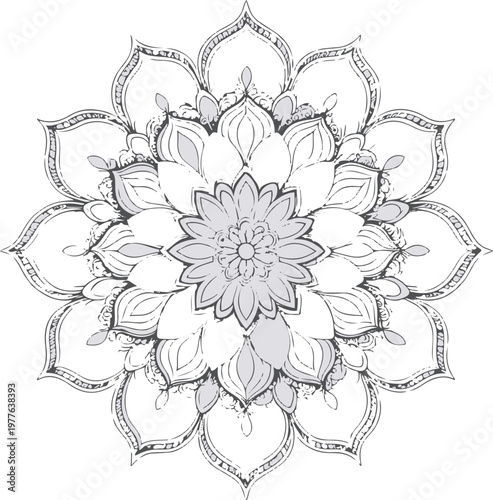 perfectly symmetrical floral mandala, clean vector, mehndi mandala, smooth bezier curves, white background