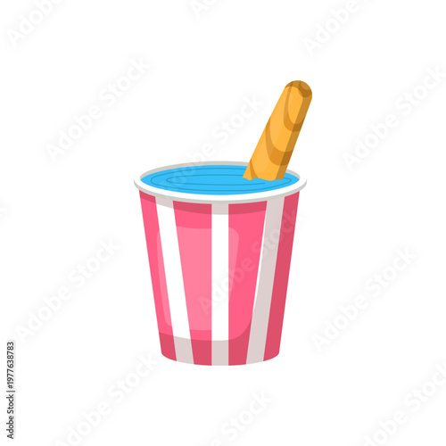 Blue bubble gum ice cream on a stick in a striped cup. Flat vector illustration of sweet frozen dessert isolated without background.
