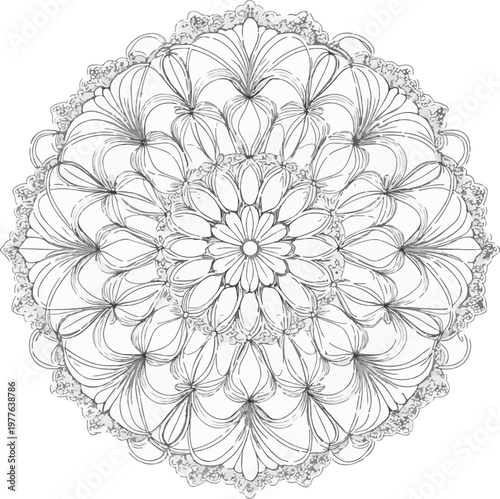  perfectly symmetrical floral mandala, clean vector, circular lace mandala, smooth bezier curves, white background