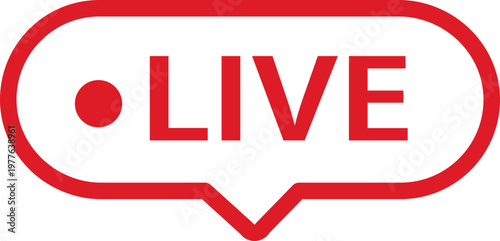 Live streaming icon featuring a red border with recording dot for online broadcasting. Digital label represents real time video content. Vector graphic for social media stream design.