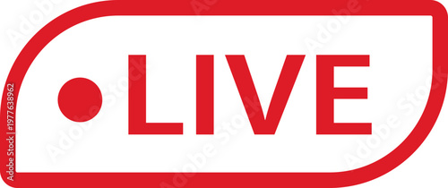 Live streaming icon featuring a red border with recording dot for online broadcasting. Digital label represents real time video content. Vector graphic for social media stream design.