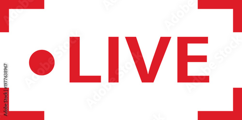 Live streaming icon featuring a red rectangular border with a recording dot for online broadcasting. Digital label represents real time video content. Vector graphic for social media stream design.