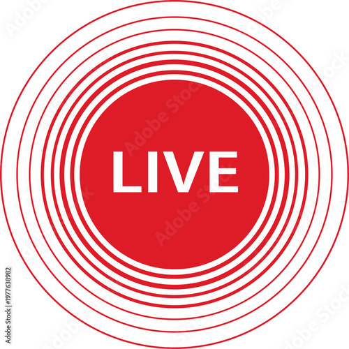 Live streaming icon featuring circular red signal wave symbol for online broadcasting. Digital radio wave indicator represents real time video content and connection. Vector illustration