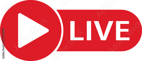 Live streaming icon featuring red play button symbol for online broadcasting. Digital label represents real time video content. Online stream vector illustration design.