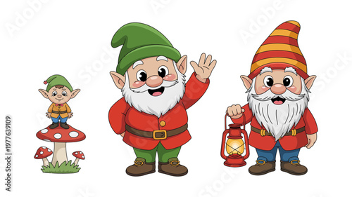 Three cheerful garden gnomes with green and red hats pose happily.