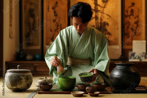 young Asian men whisking green tea, Japanese wearing kimono 