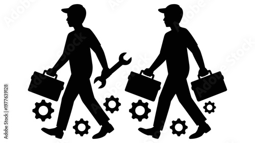 Two silhouetted mechanics walk past each other carrying a wrench and toolboxes with gears.