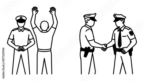 An outline illustration of a police officer standing with a suspect and two officers shaking hands.