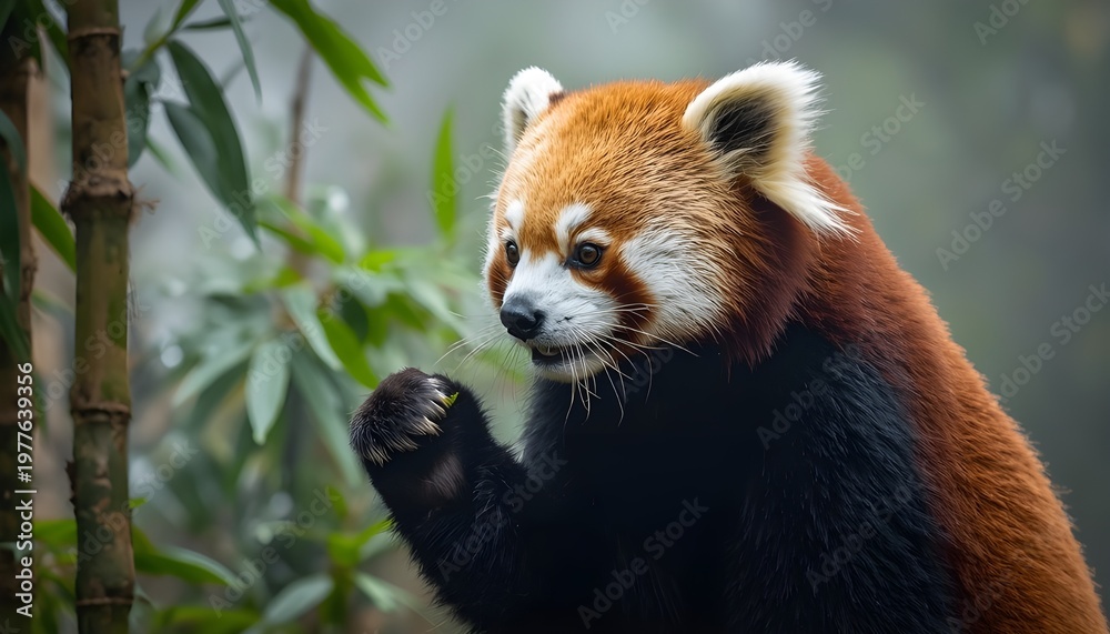 Naklejka premium A captivating red panda perched on a branch gazing intently with a curious expression