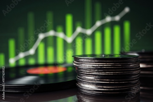 vinyl record with a financial chart going uptrend with the color green , illustrating the increase of sales and interest in Vinyl Records