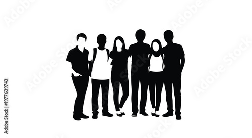 Diverse group of people standing together in unity and solidarity, silhouettes of friends or team members in black, modern and minimalist style